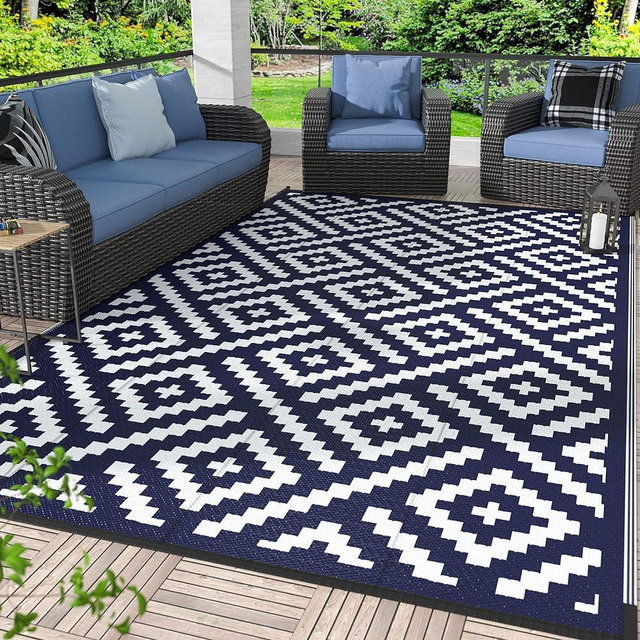 GENIMO 5x8 Outdoor Rug Waterproof, Reversible Mats, Outdoor Area Rug, Plastic Outside Carpet, Geometric Rv Mat for Patio Camping Rv Picnic Backyard Deck Balcony Porch Beach Trailer (Navy Blue & White)