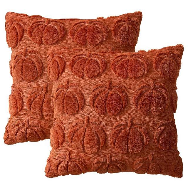 Woaboy Fall Throw Pillow Covers 18 x 18 Pumpkin Embroidery Decorative Pillow Covers Soft Plush Faux Wool Cushion Covers for Winter Couch and Home, Set of 2,Rust