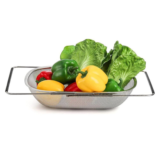 Over The Sink Colander 6 Quart Fine Mesh Stainless Steel Strainer Basket Whit Expandable Rubber Grip Handles - Strain, Drain, Rinse Fruits, Vegetables
