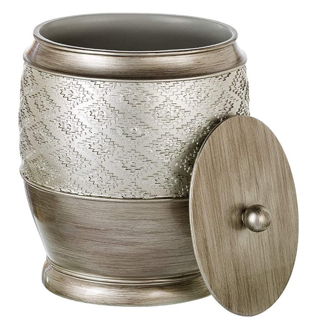 Dublin Bathroom Trash Can with Lid - Decorative Resin Small Garbage Can Wastebasket Bin for Diaper / Paper (Brushed Silver)