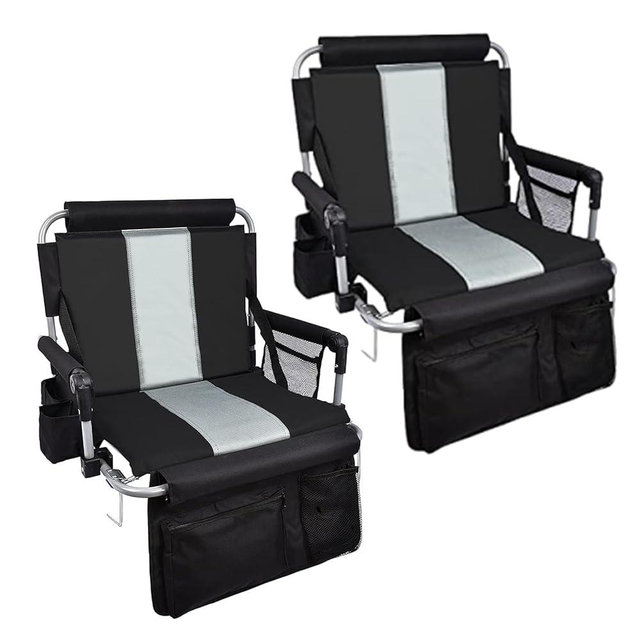 AODQ Portable Stadium Seats with Back Support and Armrest, Folding Bleacher Chairs with Back and Cushion, Wide Padded Sports Chair with Cup Holder (2 Pack, Grey)
