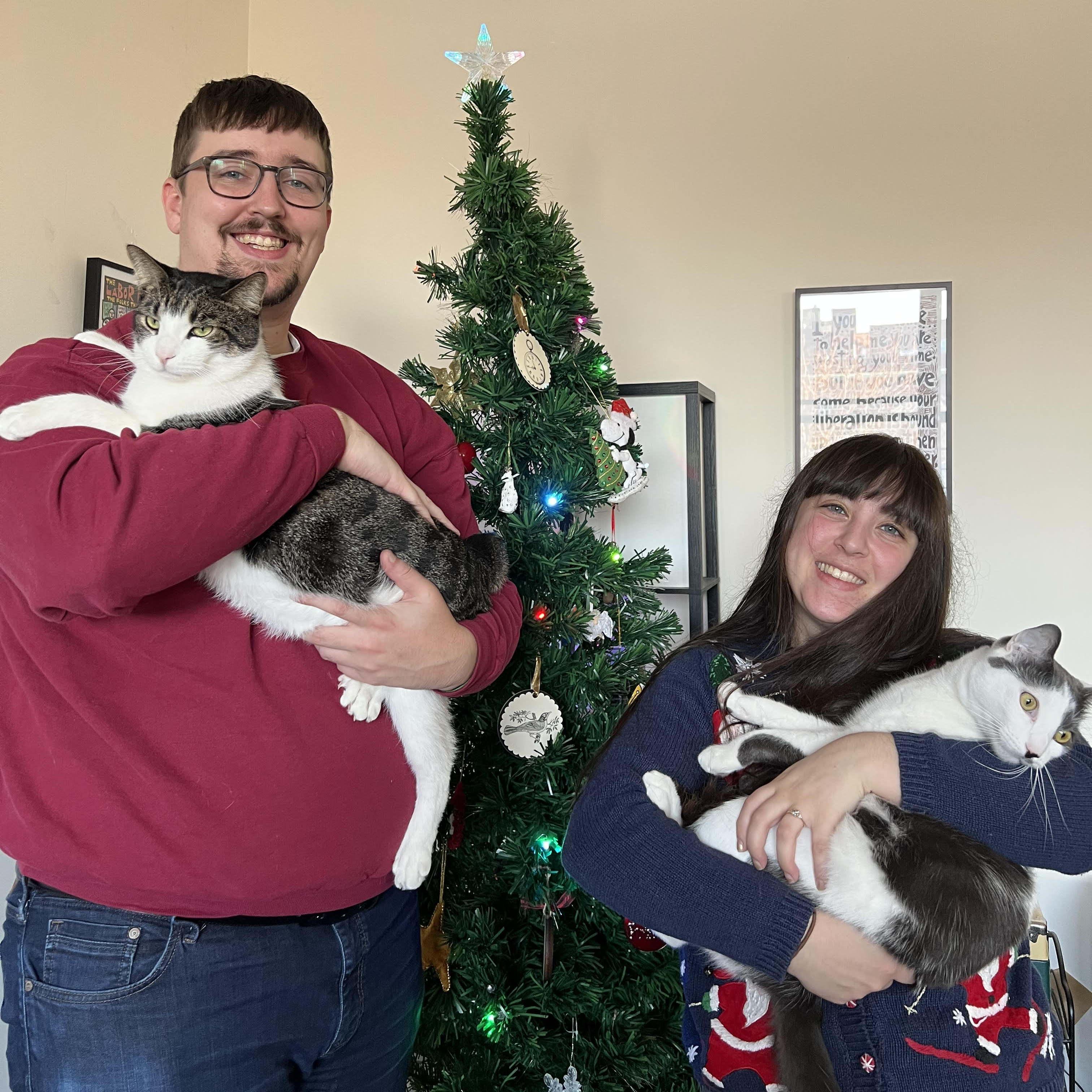 Christmas Card 2021 with Maria and Jeff's good union cats Clarence and Vinny.
