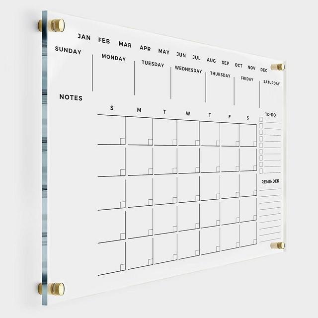 Premium Acrylic Wall Calendar - Dry Erase Board - Large Glass Calendar for Wall - Reusable Board for Office and Home - Gold Hardware (18x14 (Small))