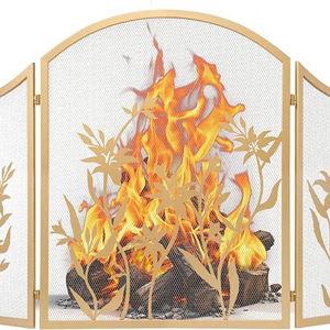 WICHEMI Fireplace Screen 3 Panel Folding Fireplace Screens 48.4 x 25.6 Inch Lily Pattern Golden Fireplace Screens Baby Safe Proof Fence Spark Guard Cover Wrought Iron Fire Place Standing Gate (Golden)