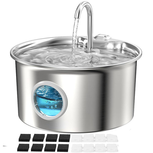Pet Water Fountain Stainless Steel: Mental Cat Water Fountains for Cats Indoor - 88oz/2.6L Noiseless Cats Waterer Bowl Dispenser - ATMZIQXR Kitten Drinking Fountains with 8 Filters + 8 Sponges