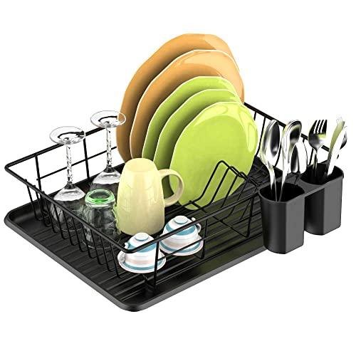 Dish Drying Rack, F-color Dish Rack with Water Tray, Utensil Holder, Anti Rust Dish Drainer for Kitchen Counter Top Dish Rack Wire Holder, 16.4 x 12 x 4.3 inch, Black