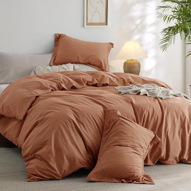 Bedsure 100% Washed Cotton Duvet Cover King Size - Sunburn Minimalist Cotton Duvet Cover Linen Like - 3 Pieces Plain Simple Cotton Duvet Cover Set with 2 Pillow Shams (Sunburn, King, 104"x90")