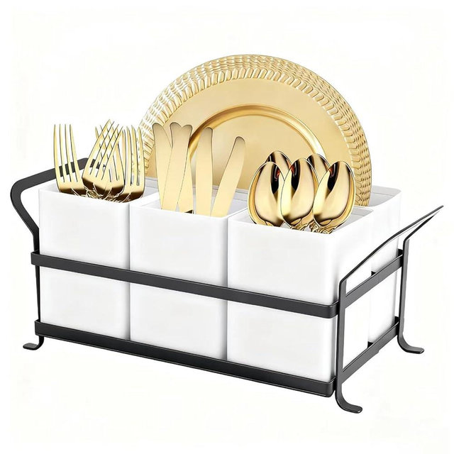 Silverware Caddy Metal Utensil Holder for Party Countertop Silverware Utensil Caddy Cutlery Flatware Organizer for Spoons Forks Plates Napkins white&Black