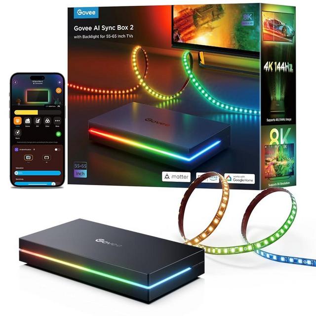 Govee HDMI 2.1 Sync Box 2, AI Sync Box with TV Backlight, Supports 8K@60Hz, 4K@144Hz, VRR and ALLM, Works with Matter and Alexa, RGBIC LED Light Strip for 55-65 inch TVs, 75 LEDs/m