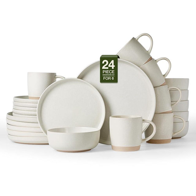 Famiware Milkyway Stoneware Dinnerware Sets with Mugs, Service for 6 (24 Pieces), Reactive Glaze Plates and Bowls Sets, Microwave and Dishwasher Safe Dishes Set, Matte Beige White