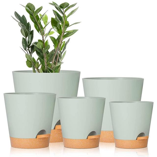 Plant Pots 7/6.5/6/5.5/5 Inch GARDIFE Self Watering Planters with Drainage Hole, Plastic Flower Pots, Nursery Planting Pot for Indoor Plants, Succulents,Snake Plant, African Violet, and Cactus,Green