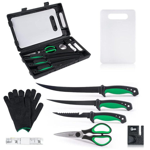 Pak 11-Pc Fish Fillet Knife Set - Cleaning Kit, Fishing Equipment, BBQ Knives, Scissor