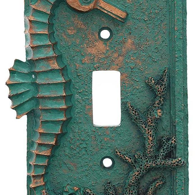 Top Brass Seahorse Nautical Beach Art Decor - Electrical Cover Wall Plate Bronze/Verdigris Finish - Single Switch, Double, Rocker, Outlet (Single)