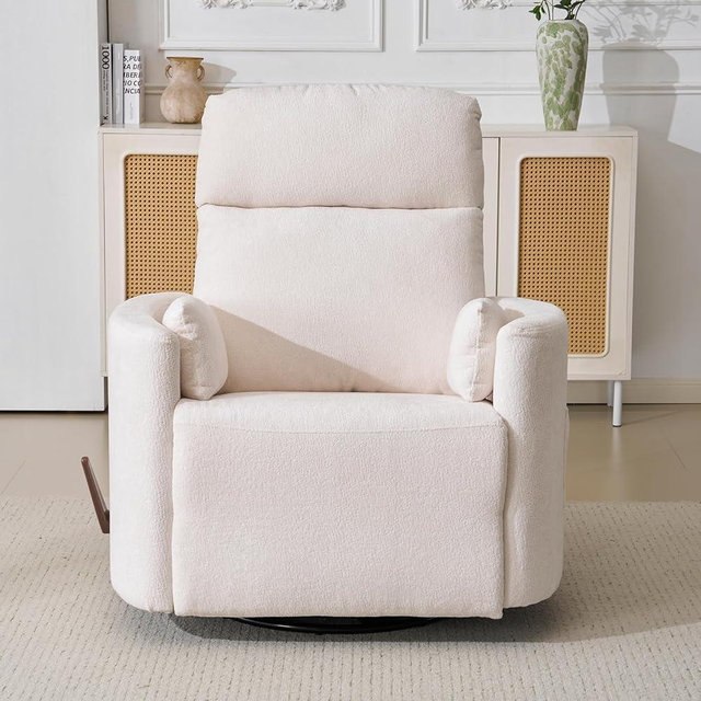 RUTOX Oversized Swivel Rocker Recliner Chair with Heat and Massage, Rocking Chair with Adjustable Headrest, Manual Recliner, Glider Recliner with 2 Pillows, Chenille White