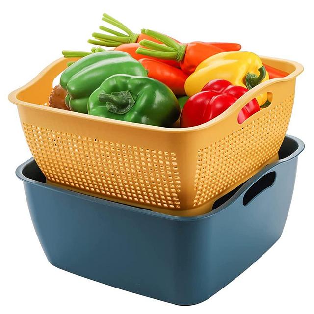 Jucoan 9 Quart Large Kitchen Strainer Colander Bowl Set, Double-Layer Plastic Fruits Vegetable Washing Basket, Drain Bowls for Cleaning Washing Mixing, Detachable (Blue, Organge)