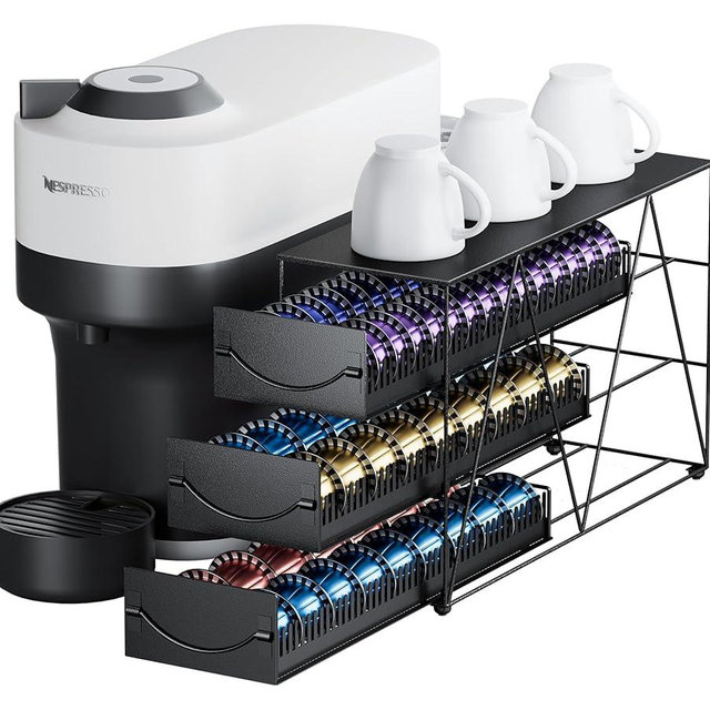 HFHOME Coffee Pod Holder Drawer for 66 Nespresso Vertuo Pods, 3 Tier Nespresso Pod Organizer, Metal Coffee Capsules Storage Stand with Sliding Drawers for K Cup - Home Kitchen Cafe Counter, Black