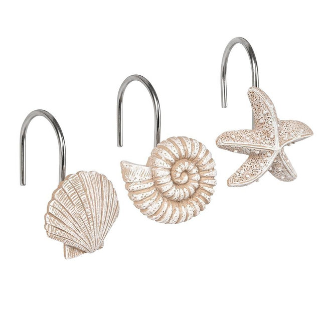 Sunlit Seashells Decorative Shower Curtain Hooks, Scallop Nautilus & Starfish Shower Curtain Rings, Seashell Blush, Resin, Nautical Bathroom Decoration Beach Shower Curtain Hooks-12 Pack