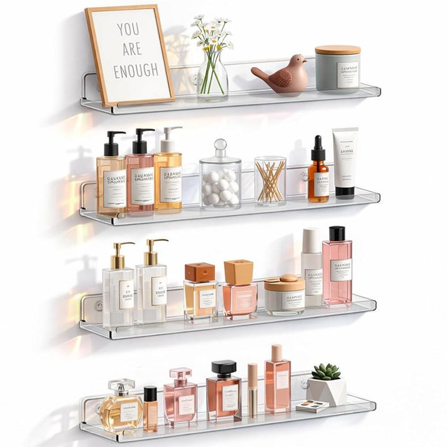 Lifewit Floating Shelves for Bathroom, 14" Acrylic Wall Organizer for Perfume, Makeup, Figures, Nail Polish, Photo, Book, Decor Display Rack for Nursery, Living Room, Bedroom, Kitchen, Clear, 4 Pack