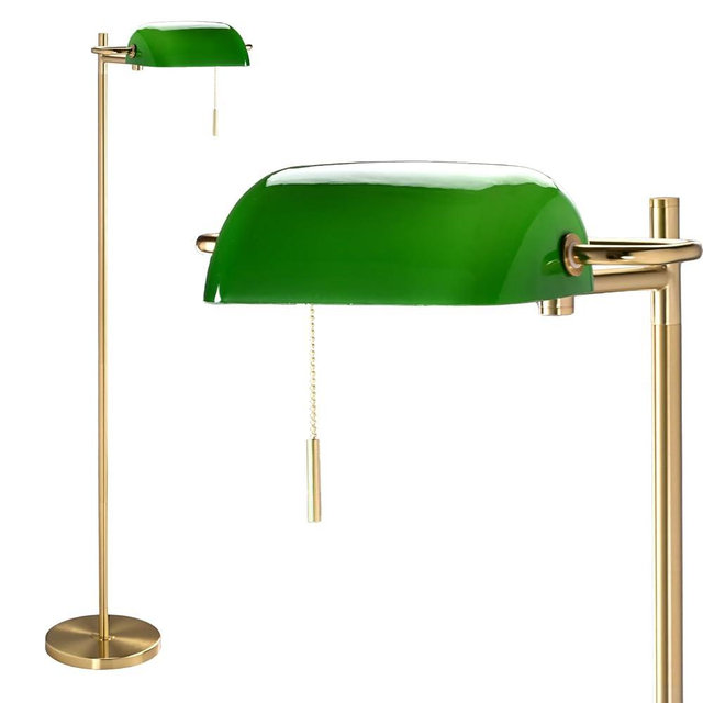 Folux Vintage Modern Bankers Reading Floor Lamp, Gold Metal Standing Lamp with Adjustable Swing Arm, Swivel Green Glass Lampshade and Pull Chain for Living Room, Reading Nook, Office, Bedroom