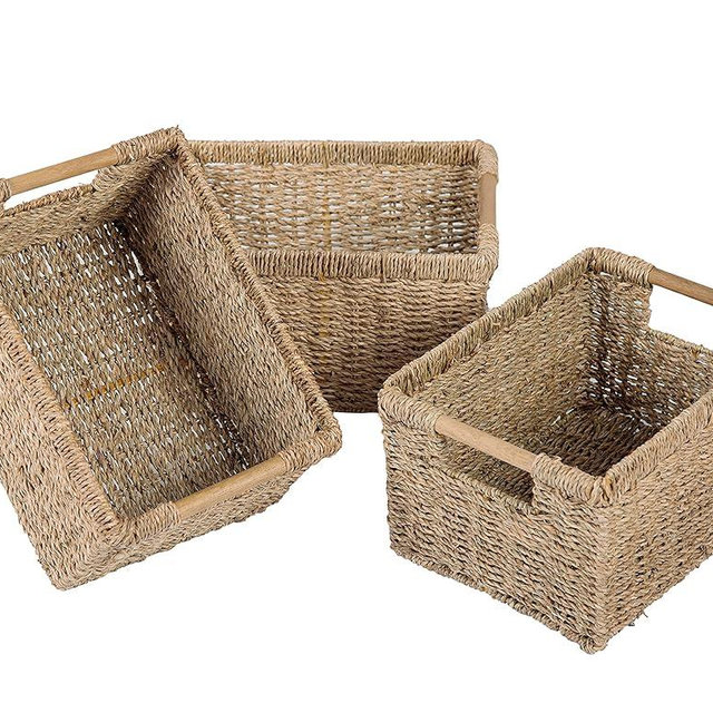 Natural Seagrass Basket with Wooden Handle, Medium Rectuangular Wicker Basket for Living Room 12.2 x 8.9 x 6.7 inches - 3 Pack