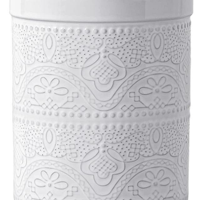 FUN ELEMENTS Kitchen Utensil Holder, 7.2" Super Large Utensil Crock Heavy and Stable Lace Emboss Ceramic Utensil Holder for Countertop (Bright White)