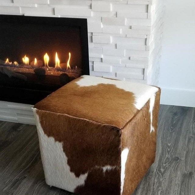Cowhide Square Pouf Ottomon Foot Stool [Brown and white]