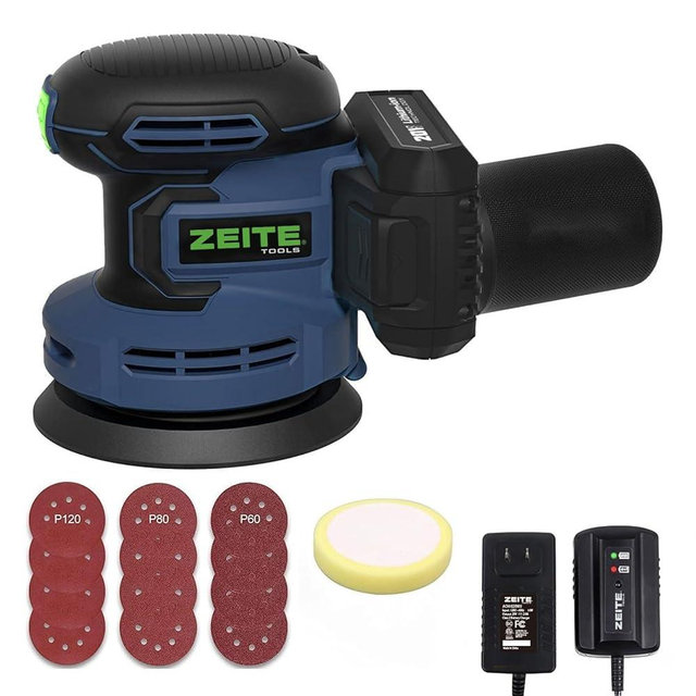 ZEITE 5 Inch 20V 2.0Ah Orbital Sander Cordless, 6 Variable Speed 3,000-11,000 OPM Electric Sander for Woodworking, 12 x Sandpaper,1 x Polishing Pad, Efficient Dust Extractor for DIY Sanding Polishing