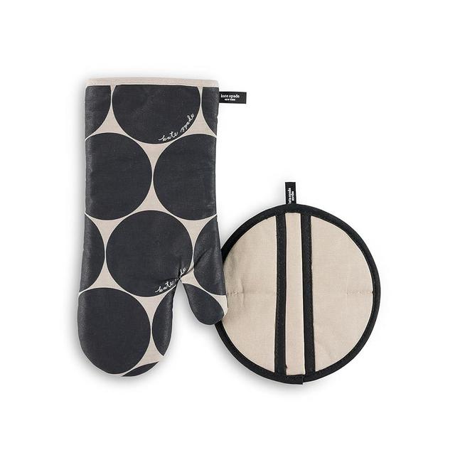 Kate Spade New York Joy Dot Oven Mitt & Pot Grabber 2-Pack Set, 7" x 13", 8" Round, Black/Beige