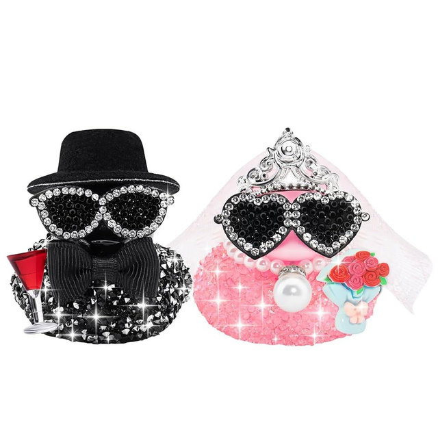 wonuu Mini Sparkly Diamond-Studded Wedding Rubber Duck, Groom Holding Wine Glasses Bride with a Bouquet Bling Rhinestones Duckies Set, Style 1