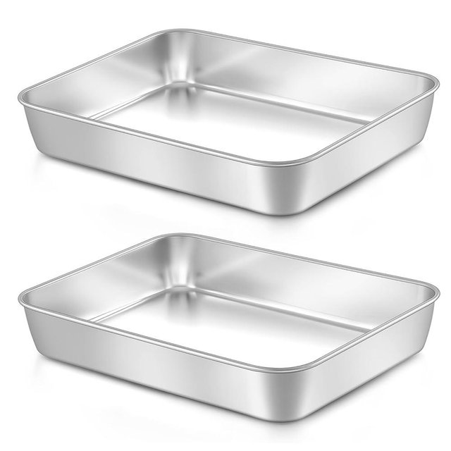 LIANYU Baking Pan Set of 2, 12⅓ x 9¾ x 2 Inch Cake Lasagna Brownies Casseroles Pan, Rectangle Stainless Steel Bakeware Set for Baking Roasting Toaster Oven, Dishwasher Safe