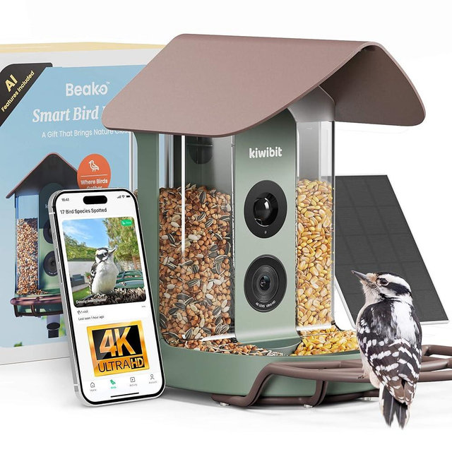 Kiwibit Beako™ Smart Bird Feeder with 4K Camera Lifetime Subscription Included, Solar Powered for Outdoors - Ultra HD Live Stream, AI identifies10,000+ Species, Real-Time Bird Notification, Easy Setup