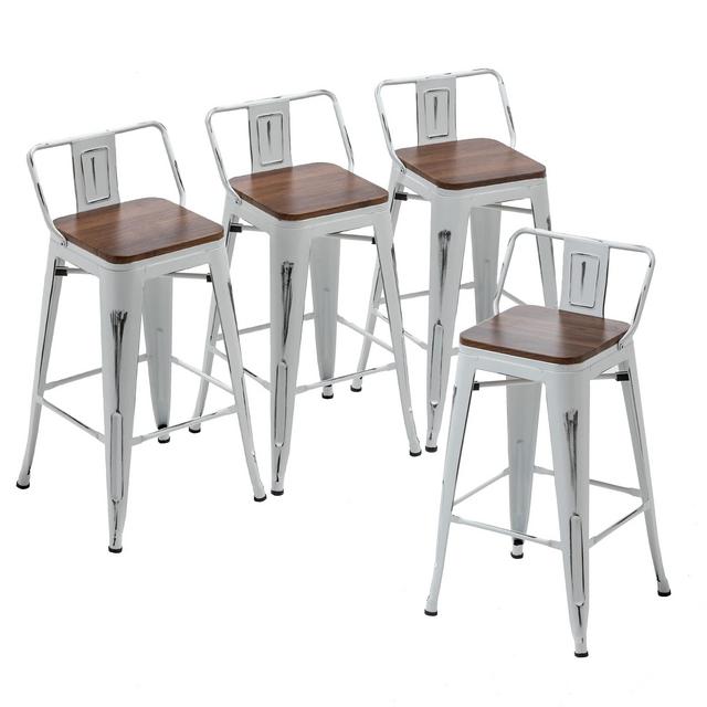 Alunaune 26" Metal Bar Stools Set of 4 Counter Height Barstools Industrial Counter Stool Kitchen Bar Chairs with Modern Wooden Seat-Low Back, Distressed White