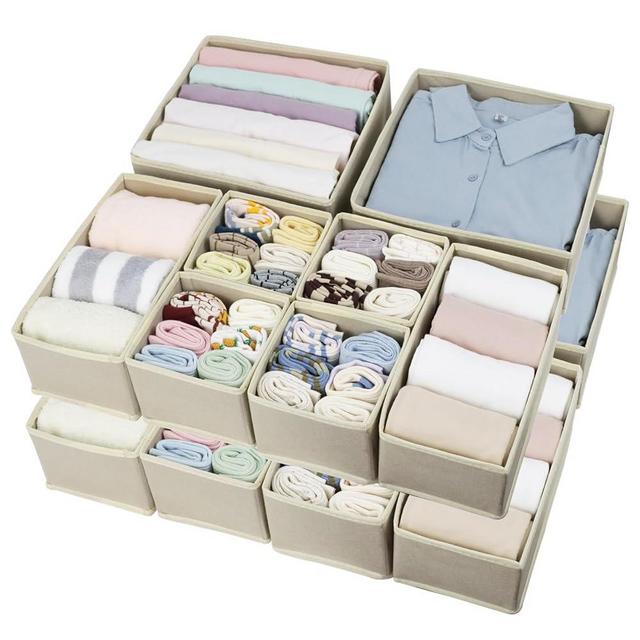 Fordonral 16 Pcs Drawer Organizer,Fabric Closet Organizer and Storage Baskets,Foldable Drawer Divider for Clothing,Sock,Ties,Underwear Drawer Organizers,Cabinet Storage Boxes (Beige)