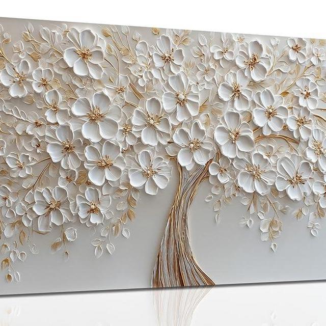 WVMAPTA Flower Pictures Wall Decor for Living Room White and Gold Wall Art for Office Tree Canvas Wall Art for Bedroom Size 20 x 40 Inch
