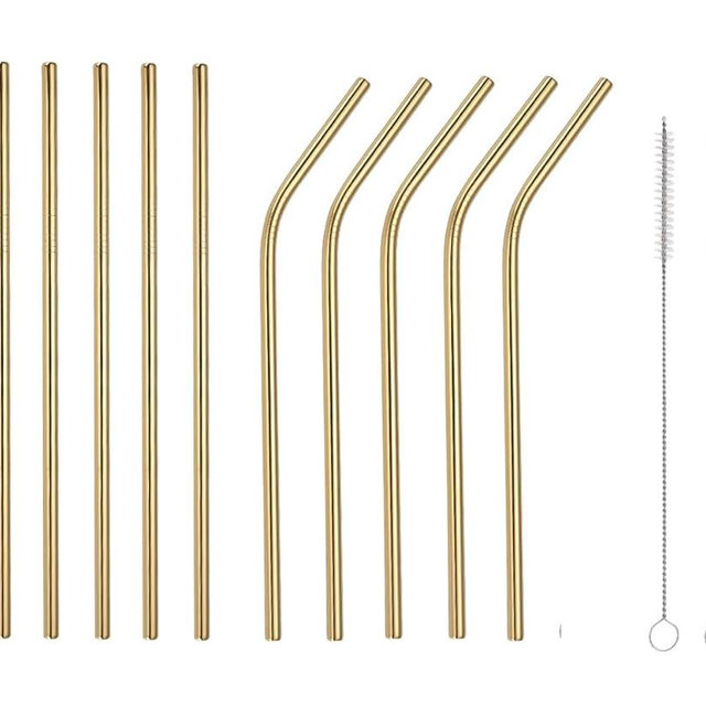 10 Pcs Stainless Steel Straws, Reusable Drinking Straws, 5 Straight + 5 Bent Metal Straws Set With 2 Pcs Cleaning Brushes (Gold, 8.5 Inch)