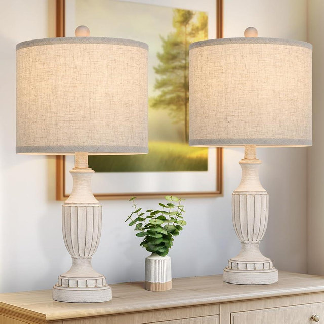 TOBUSA Farmhouse Table Lamps Set of 2, White Rustic Vintage Table Lamps for Living Room Bedroom, Antique Bedside Desk Lamps with Linen Shade, Traditional Resin Nightstand Lamp Sets for End Table