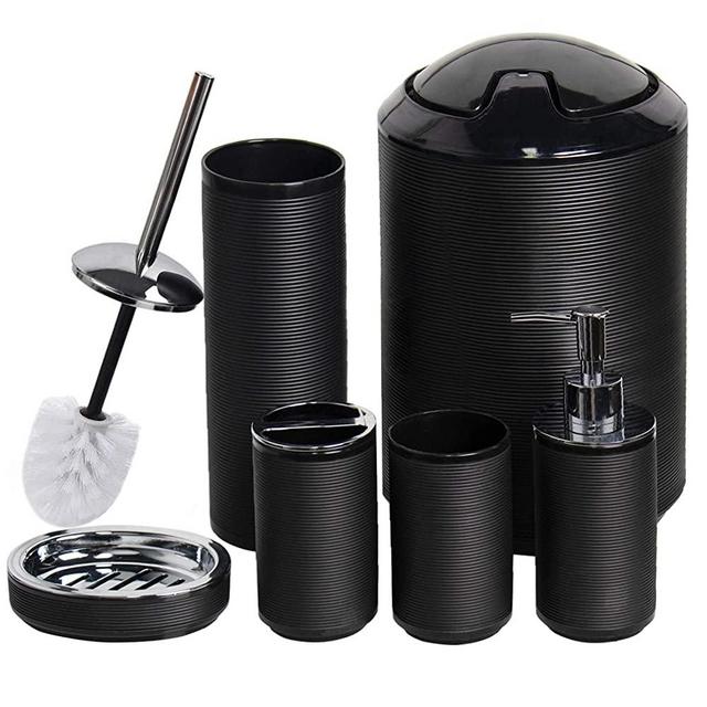 CERBIOR Bathroom Accessories Set 6 Piece Bath Ensemble Includes Soap Dispenser, Toothbrush Holder, Toothbrush Cup, Soap Dish for Decorative Countertop and Housewarming Gift, Black
