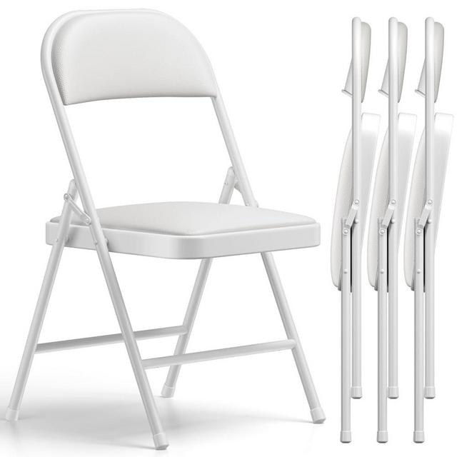Folding Chairs 4 Pack, PU Leather Padded Folding Chairs for Outside and Indoor, Heavy Duty Portable Foldable Metal Commercial Seat for Home Office, Dorm, Party, Backyard, Lawn, Patio, White
