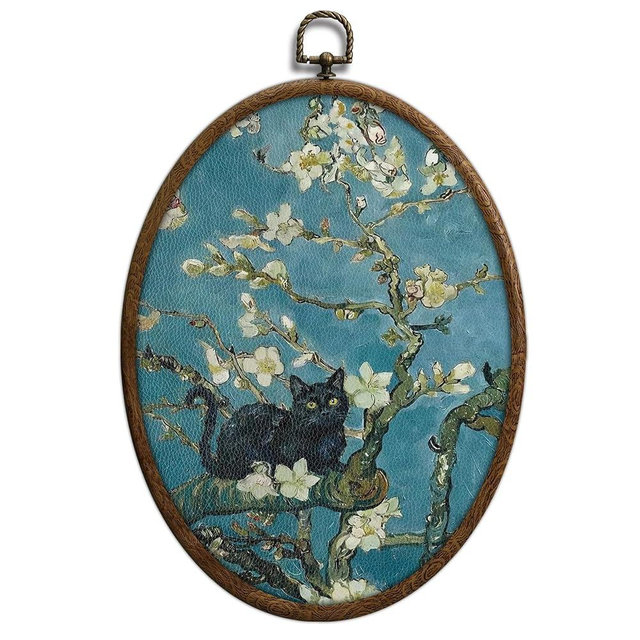 Black Cat Almond Blossom Oval Wall Decor, Funny Cat Cottage Core Wall Decor, Cottage Core Home Decors, Waterproof Cottagecore Oval Art, Hanging Vintage House Decors for Living Room Bedroom Galley, 18
