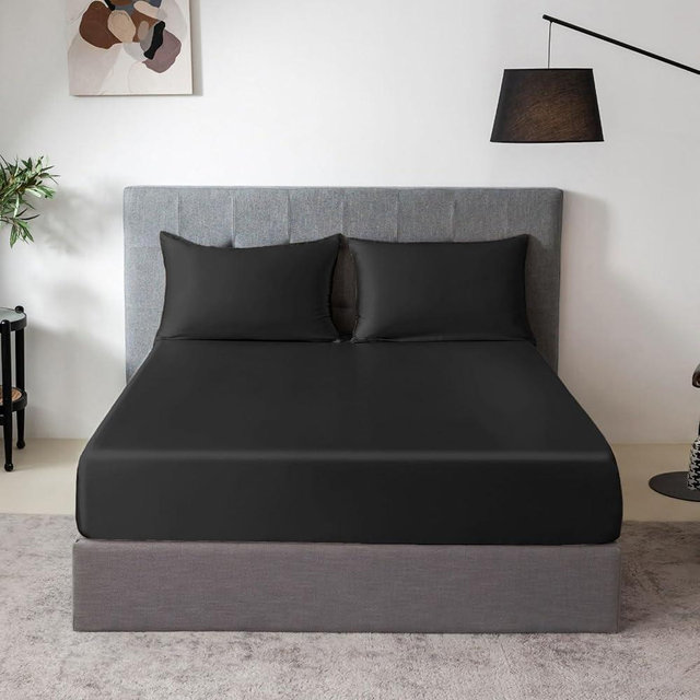 TXHSILK 100% Mulberry Silk Fitted Sheet Set, 7A+ Silk 3 Pieces Bed Sheets, Breathable, Smooth, 16 Inch Deep Pocket Fitted Sheet, 2 Pillowcases - Black, King
