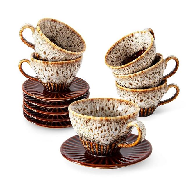 YINUOWEI 4 oz Espresso Cups Set of 6, Ceramic Cappuccino Cups with Saucers, Stackable Coffee Cup for Macchiato, Double shot, Tea, Coffee Lover Gifts, Glazed White