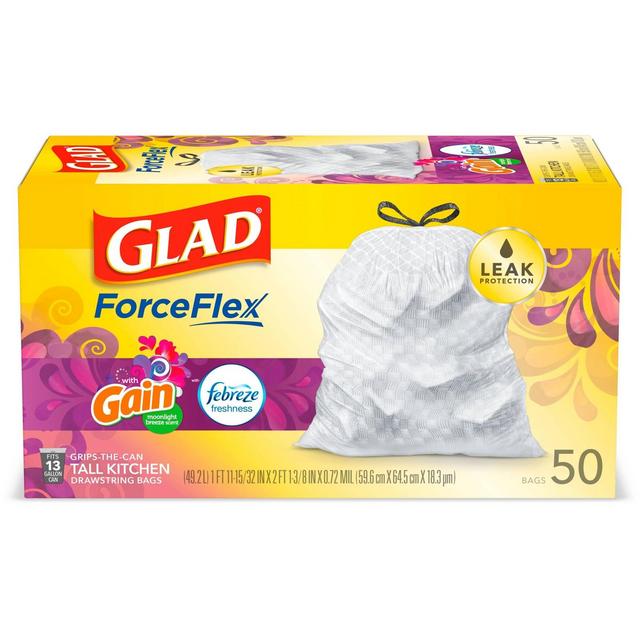 Glad Tall Kitchen Drawstring Trash Bags - OdorShield 13 Gallon - White Gain Moonlight Breeze - 50ct