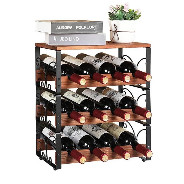 3 Tier Stackable 12 Bottle Wine Rack, Rustic Wine Holder Stand with Top Wood Shelf, Countertop Wine Rack Organizer, Tabletop Wine Holder Storage Shelf