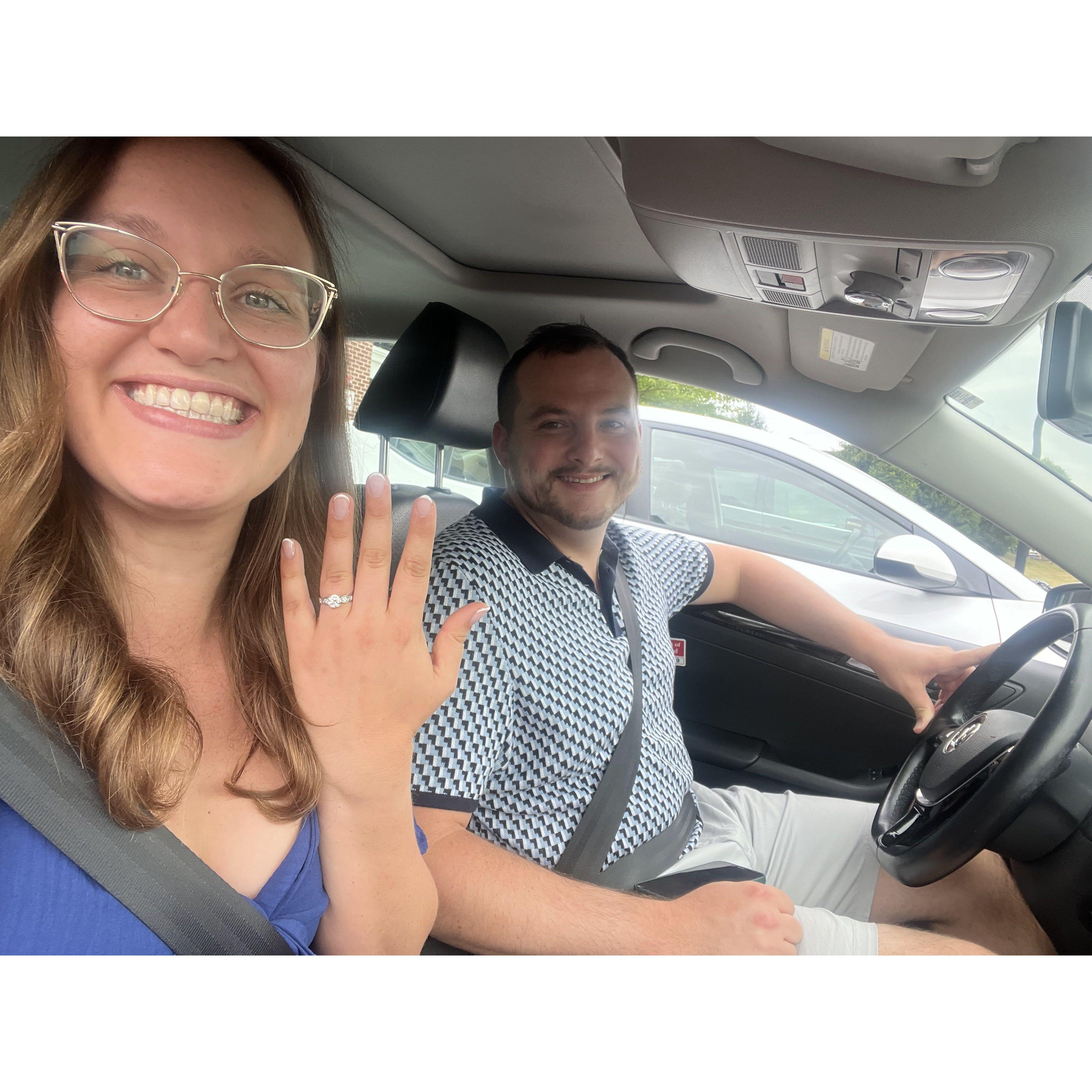 Engaged! Classic car pic for the couple.