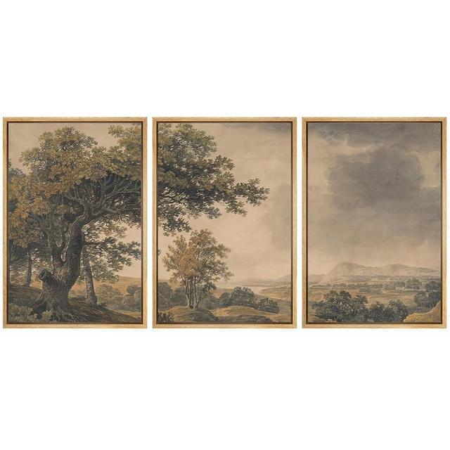 MUDECOR Framed Wall Art Print Set Vintage Landscape Rustic Tree and Mountain View Illustrations Decorative Colorful for Living Room, Bedroom, Office - 16"x24"x3 Natural