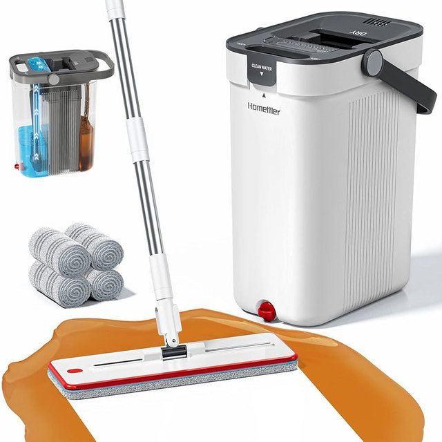 HoMettler Mop and Bucket Set, Flat Mop and Bucket System with Separate Dirty and Clean Water, 3-Compartment Wall Cleaner Mop, Flat Mops for Floor Cleaning with 4 Microfiber Pads
