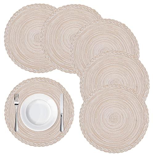 Homaxy Round Braided Placemats for Dining Table Set of 6 - Woven Heat Resistant Non-Slip Kitchen Table Mats, 14" Diameter, Beige