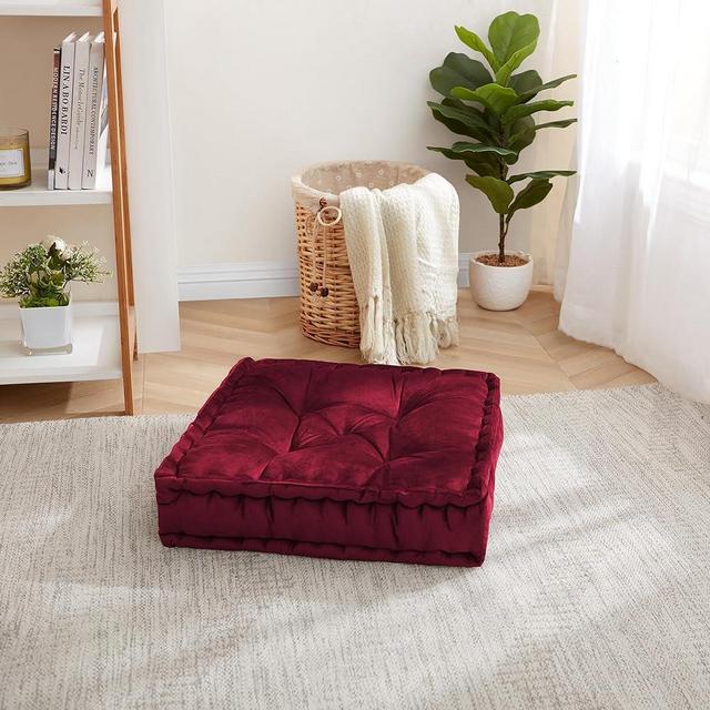 Sweet Home Collection Floor Pillow Large Square Tufted Decorative Cushion. Faux Velvet Fabric Ultra Thick Fill for Kids and Adults, 2 Pack, Burgundy Red 2 Count