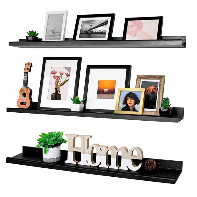 Annecy Floating Shelves Wall Mounted Set of 3, 36 Inch Black Rustic Wood Shelves for Wall, Wall Storage Shelves with Guardrail Design for Bedroom, Bathroom, Kitchen, Office, 3 Different Sizes