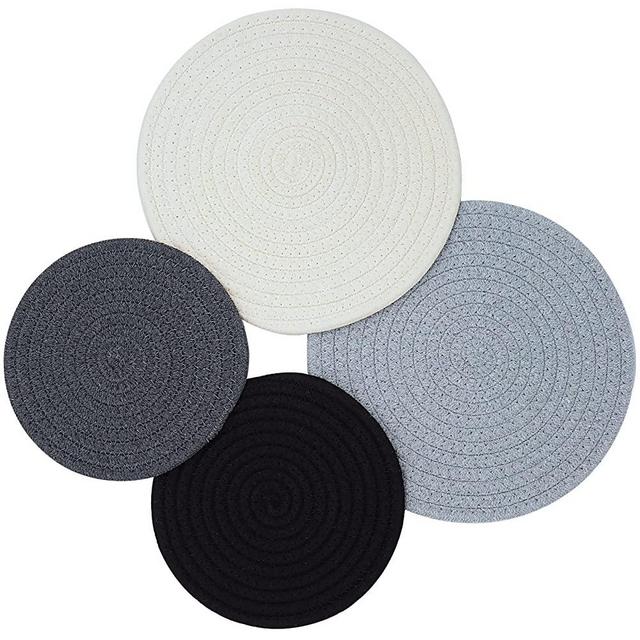 Coomin Trivets for Hot Dishes and Pans, 4Pcs Heat Resistant Pot Holders for Kitchen, 9.5 inch and 7 inch Handmade Woven Potholders, Cotton Pad Mats for Quartz Countertops and Table, Home Decor